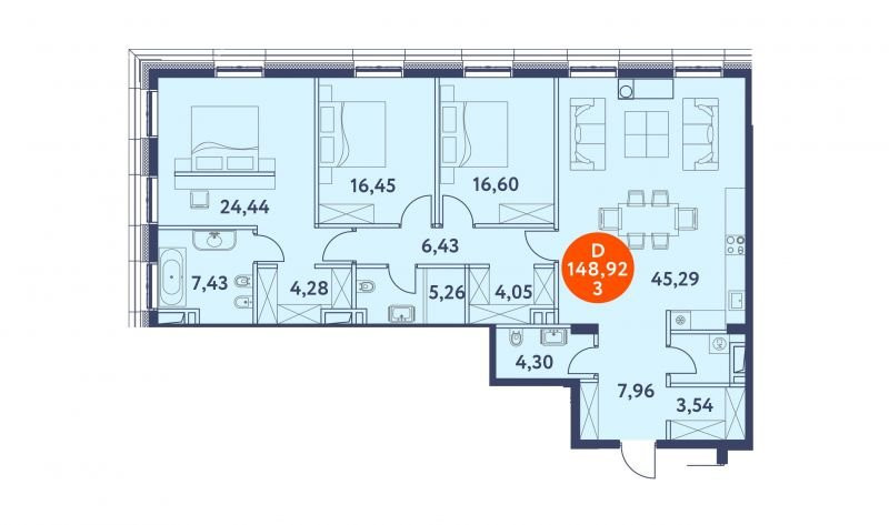 Четырёхкомнатная квартира 148.9 м²